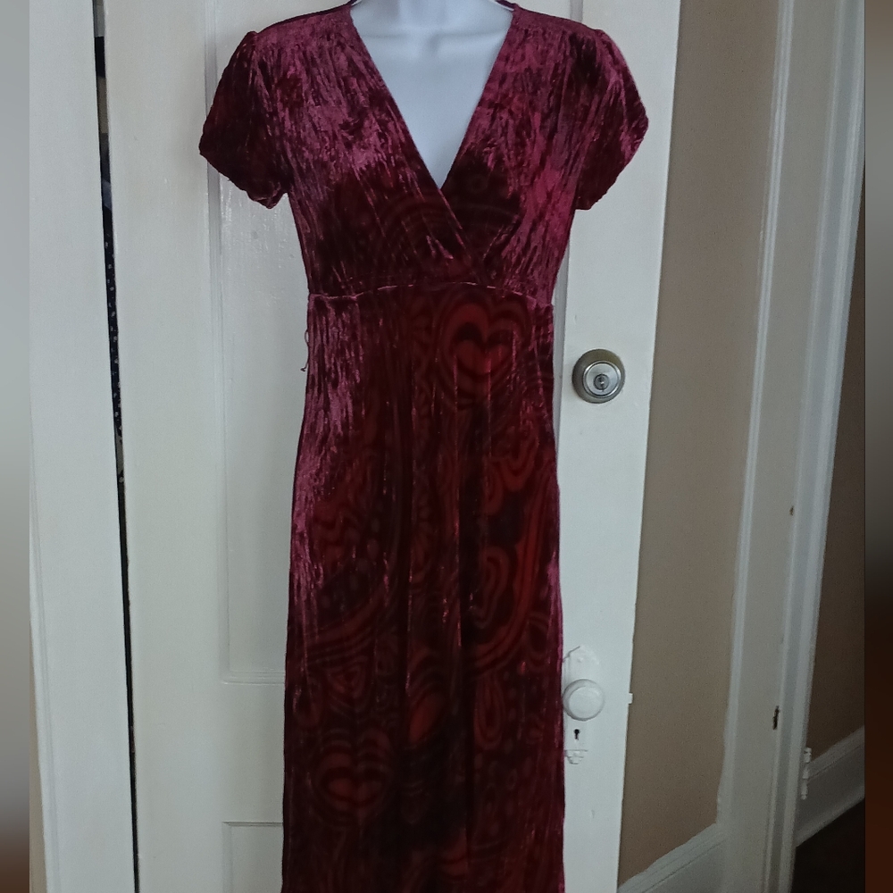 Vintage Red Velvet Maxi Dress Silk Blend Whimsigoth Burnout
